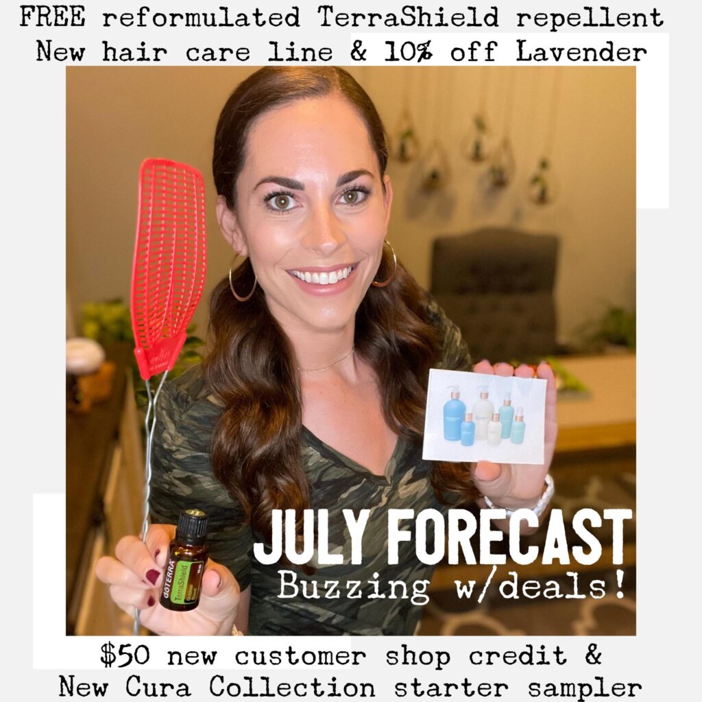 Hillary LaMay fly swatter holding up TerraShield bug spray doTERRA July promotions