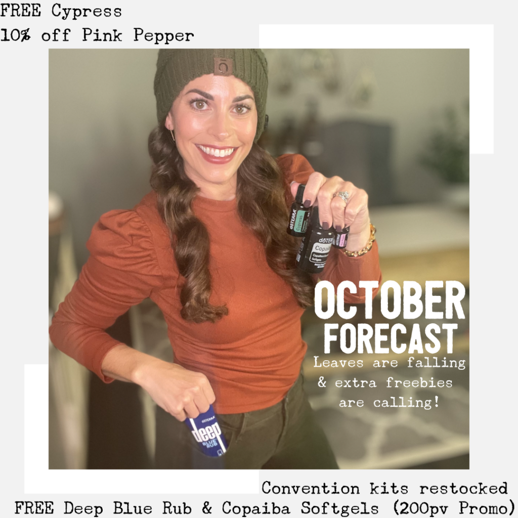 Hillary LaMay October DoTERRA Promo orange shirt deep blue rub essential oils first of the month woman sharing the monthly specials.